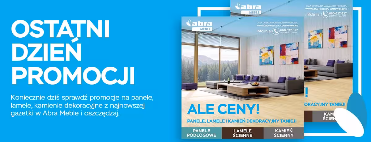 Sprawdź promocje na panele, lamele, kamienie dekoracyjne z najnowszej gazetki w Abra Meble i oszczędzaj.